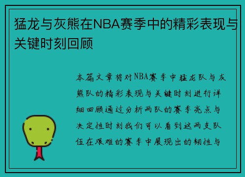 猛龙与灰熊在NBA赛季中的精彩表现与关键时刻回顾 猛龙与灰熊在NBA赛季中的精彩表现与关键时刻回顾